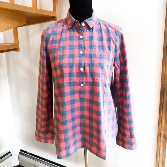 J. Crew| Partial Button Down Flannel | Blue/Coral - Picture 1 of 4